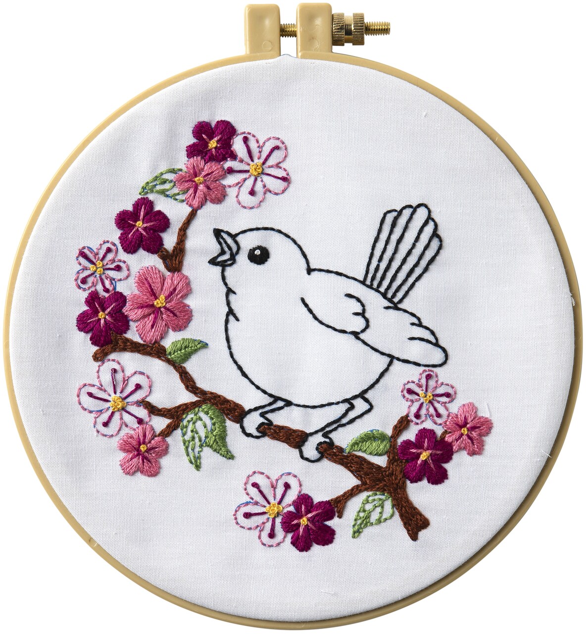 Bucilla Stamped Embroidery Kit 6" Round-Cherry Blossom Birdie